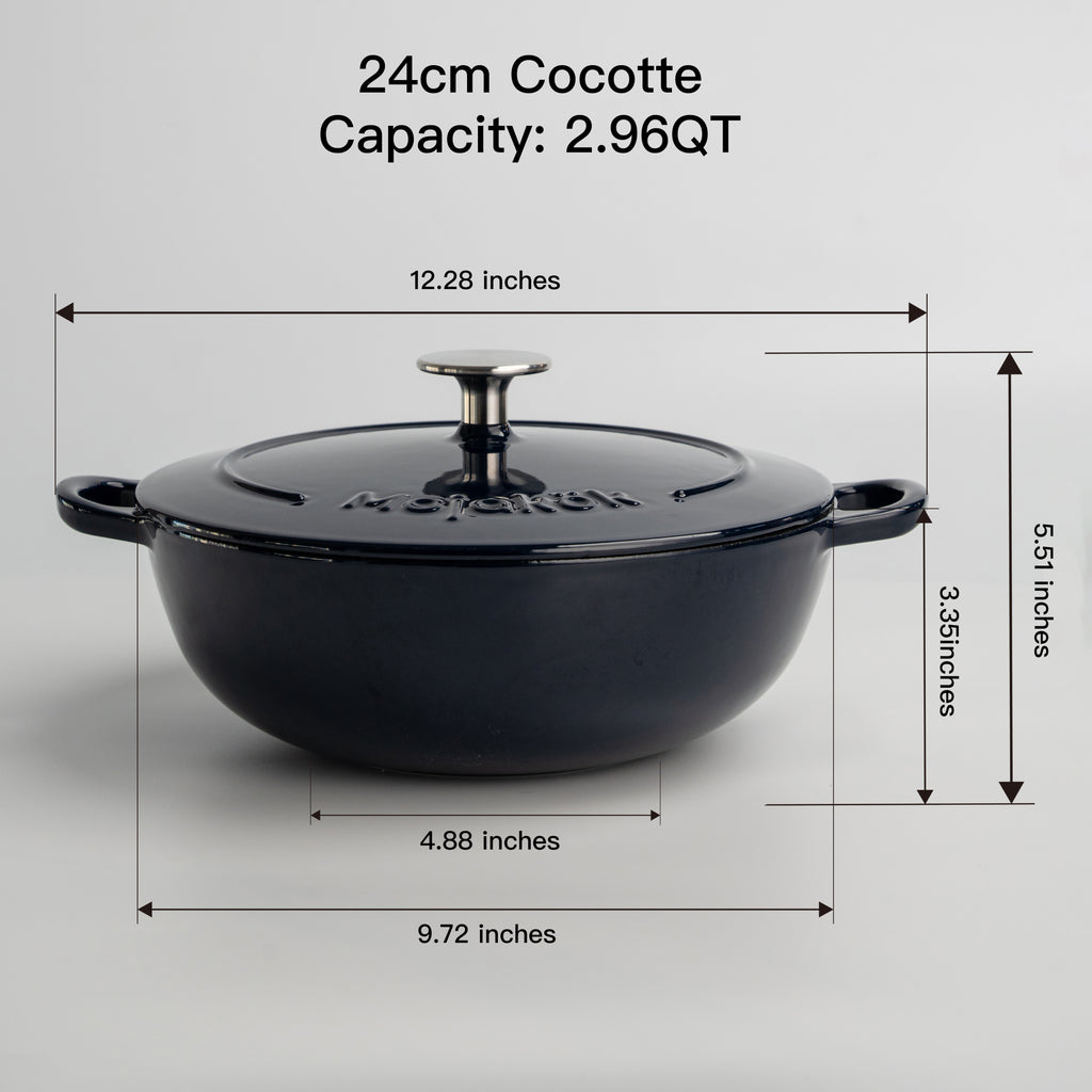 Mojakök 24cm Enameled Cast Iron Shallow Oven 2.96QT Cocotte- Mirror blue