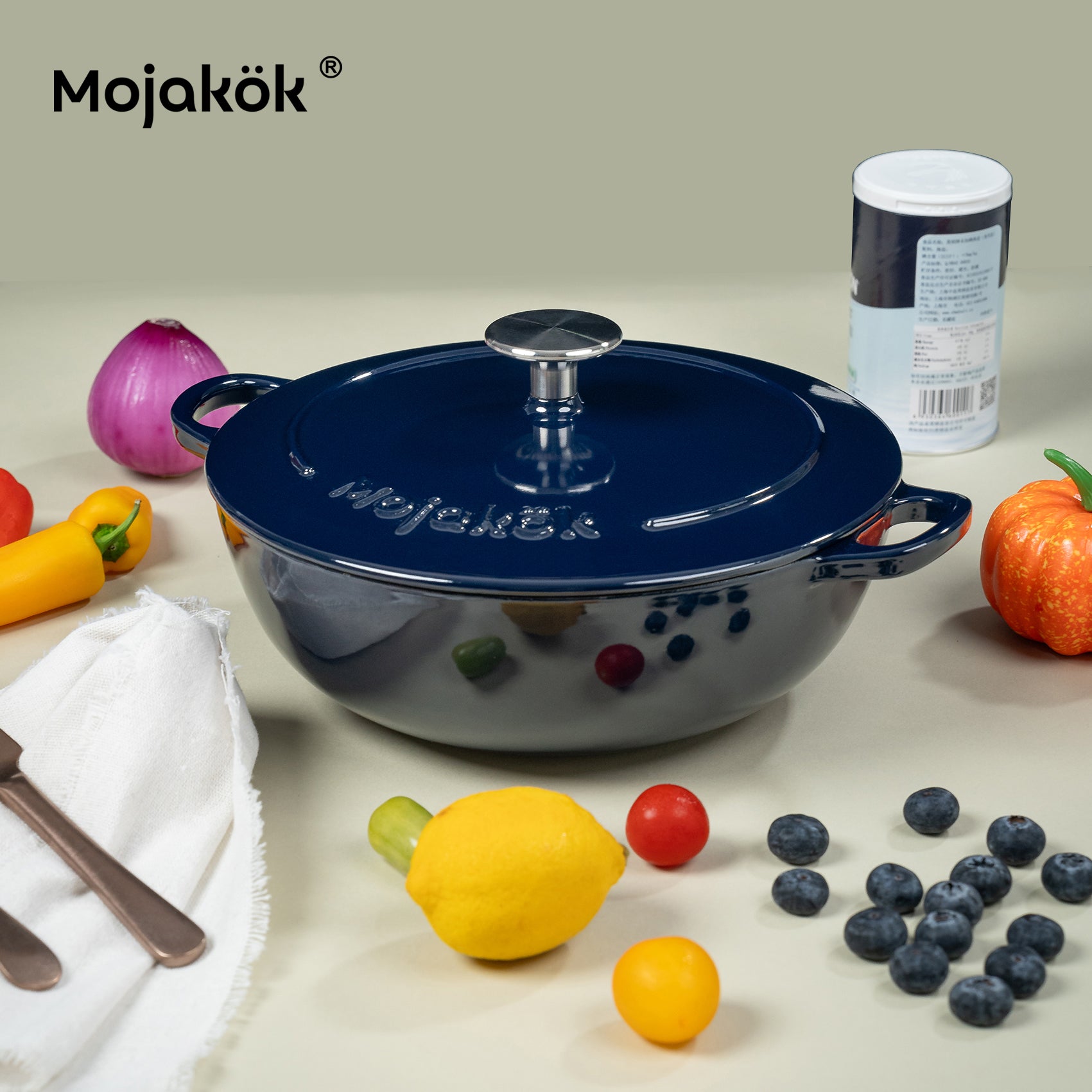 Mojakök 24cm Enameled Cast Iron Shallow Oven 2.96QT Cocotte- Mirror blue