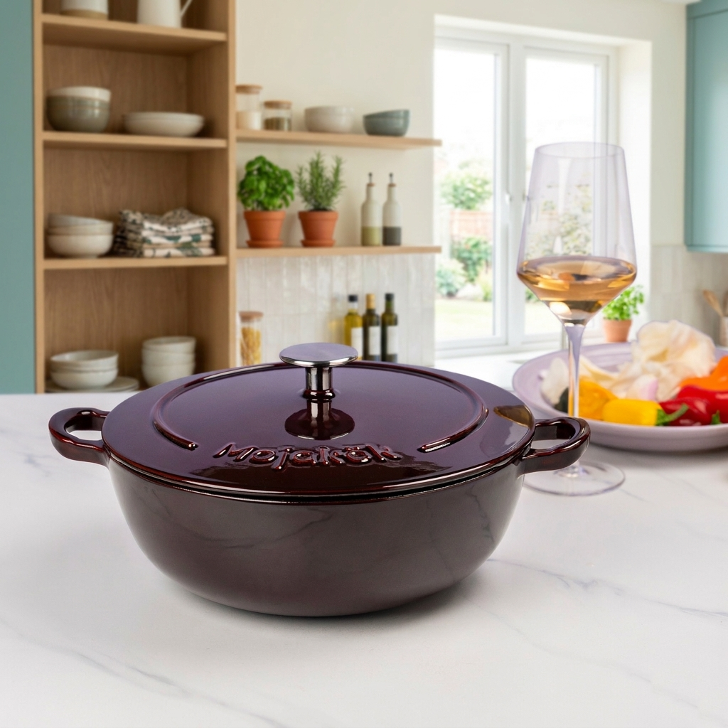 Mojakök 26cm Enameled Cast Iron Dutch Oven 3.9QT Shallow Cocotte- Mirror red